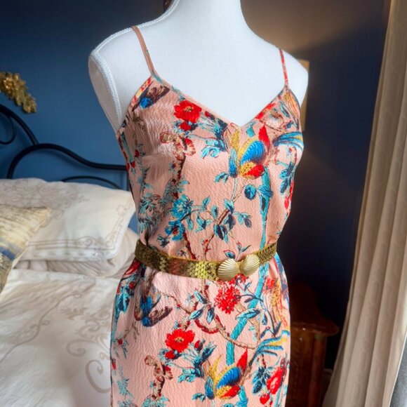 Pink 100% Silk Floral Bird Print Cami Dress - Picture 7 of 16